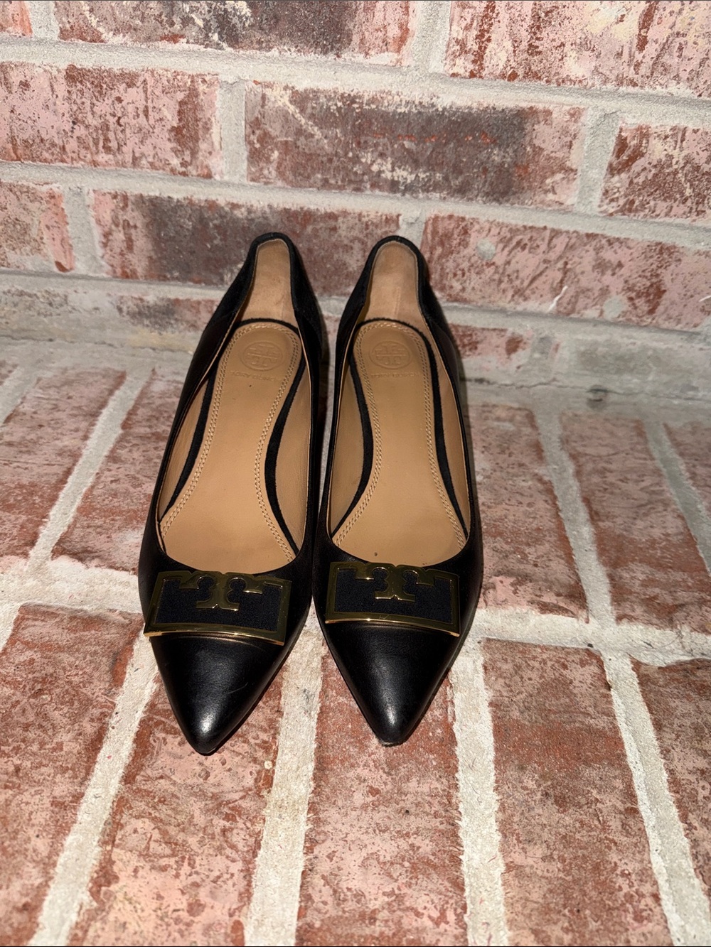 Tory Burch Black Leather Block Heel Pumps with Gold Accent size 6m